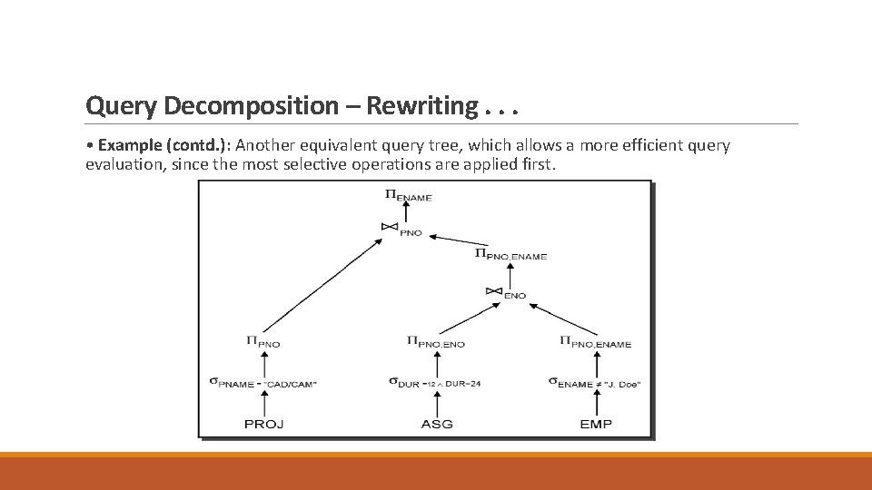 Query Decomposition – Rewriting. . . • Example (contd. ): Another equivalent query tree,