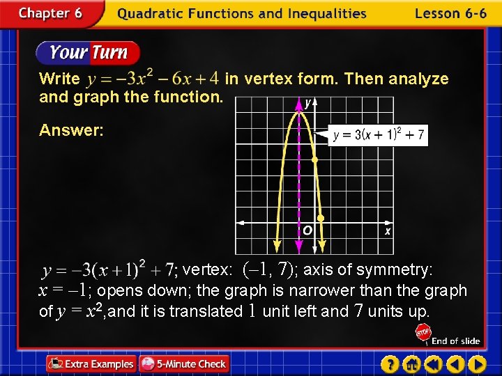 Write in vertex form. Then analyze and graph the function. Answer: vertex: (– 1,