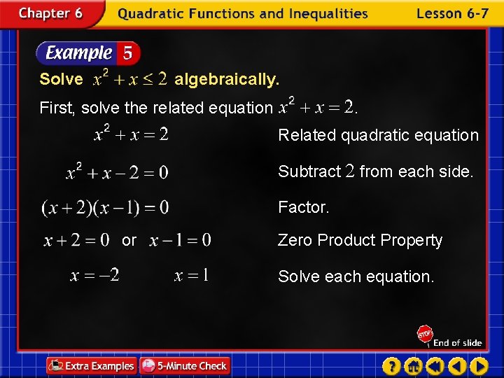 Solve algebraically. First, solve the related equation . Related quadratic equation Subtract 2 from
