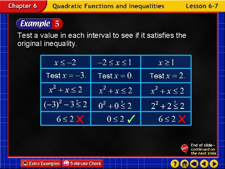 Test a value in each interval to see if it satisfies the original inequality.