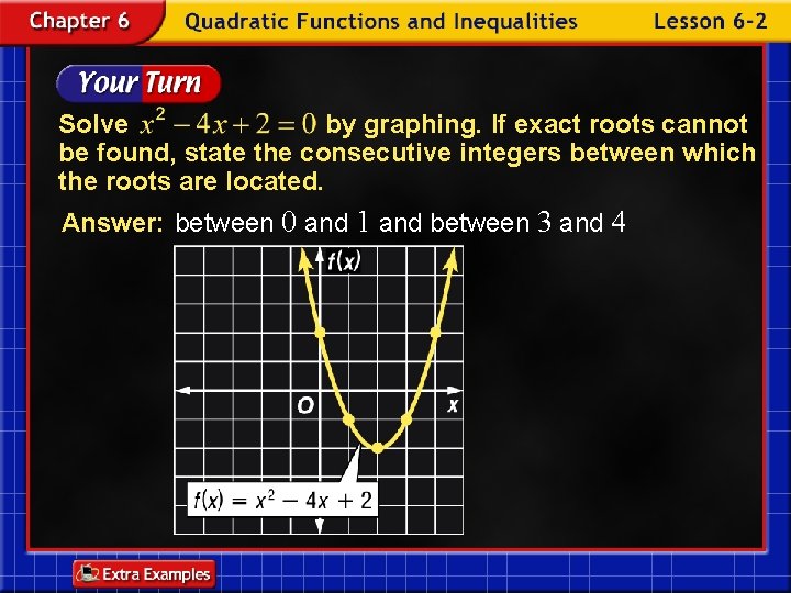 Solve by graphing. If exact roots cannot be found, state the consecutive integers between