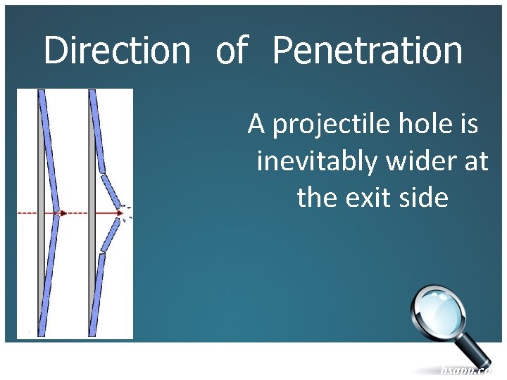 Direction of Penetration A projectile hole is inevitably wider at the exit side bsapp.