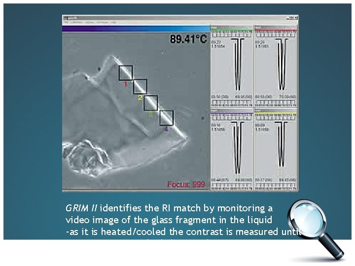 GRIM II identifies the RI match by monitoring a video image of the glass