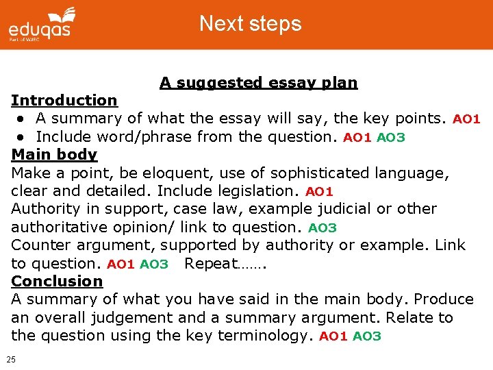 Next steps A suggested essay plan Introduction ● A summary of what the essay