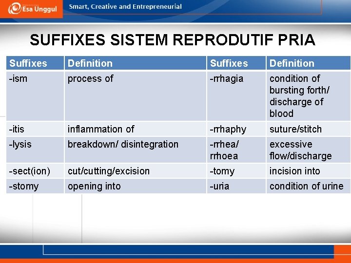 SUFFIXES SISTEM REPRODUTIF PRIA Suffixes Definition -ism process of -rrhagia condition of bursting forth/