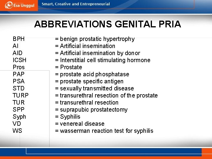 ABBREVIATIONS GENITAL PRIA BPH AI AID ICSH Pros PAP PSA STD TURP TUR SPP