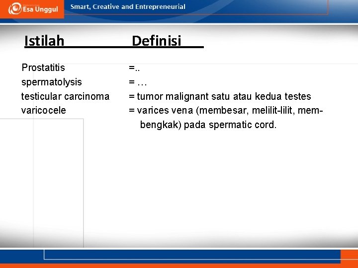 Istilah Definisi Prostatitis spermatolysis testicular carcinoma varicocele =. . =… = tumor malignant satu