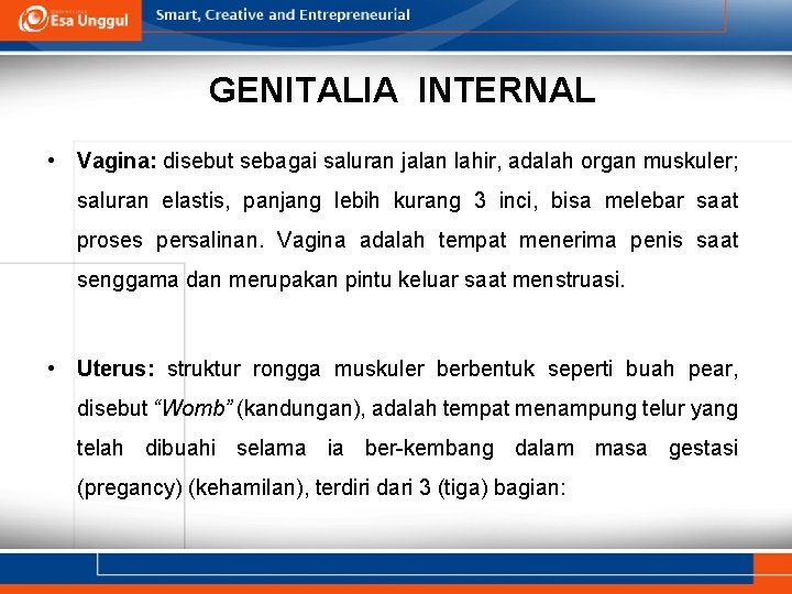 GENITALIA INTERNAL • Vagina: disebut sebagai saluran jalan lahir, adalah organ muskuler; saluran elastis,