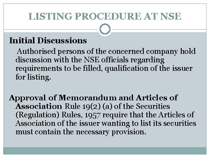 LISTING PROCEDURE AT NSE Initial Discussions Authorised persons of the concerned company hold discussion