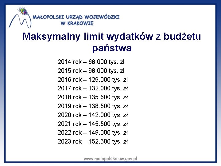 Maksymalny limit wydatków z budżetu państwa 2014 rok – 68. 000 tys. zł 2015