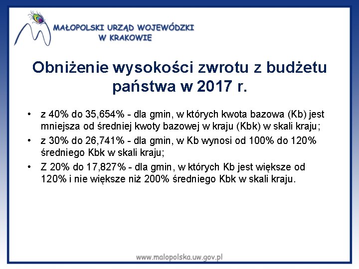 Obniżenie wysokości zwrotu z budżetu państwa w 2017 r. • z 40% do 35,