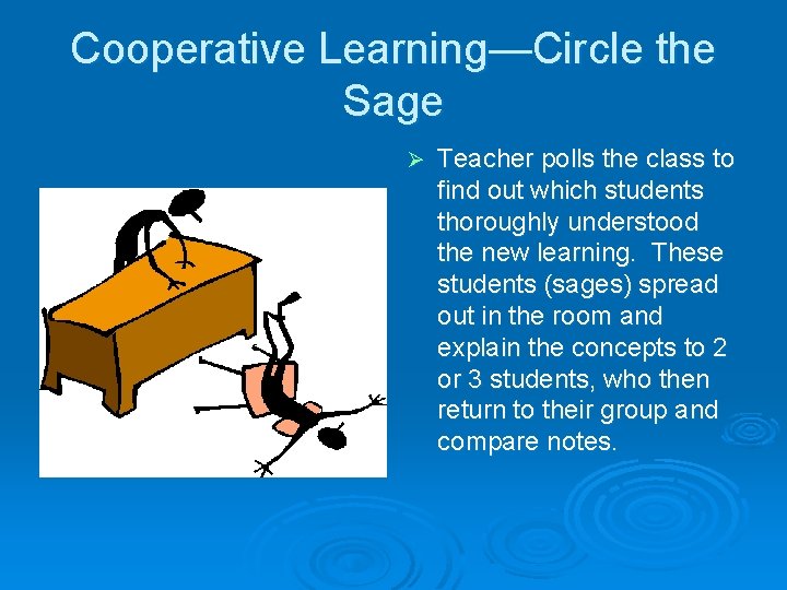 Cooperative Learning—Circle the Sage Ø Teacher polls the class to find out which students