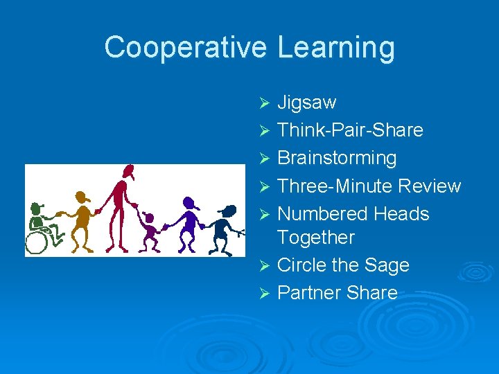 Cooperative Learning Jigsaw Ø Think-Pair-Share Ø Brainstorming Ø Three-Minute Review Ø Numbered Heads Together