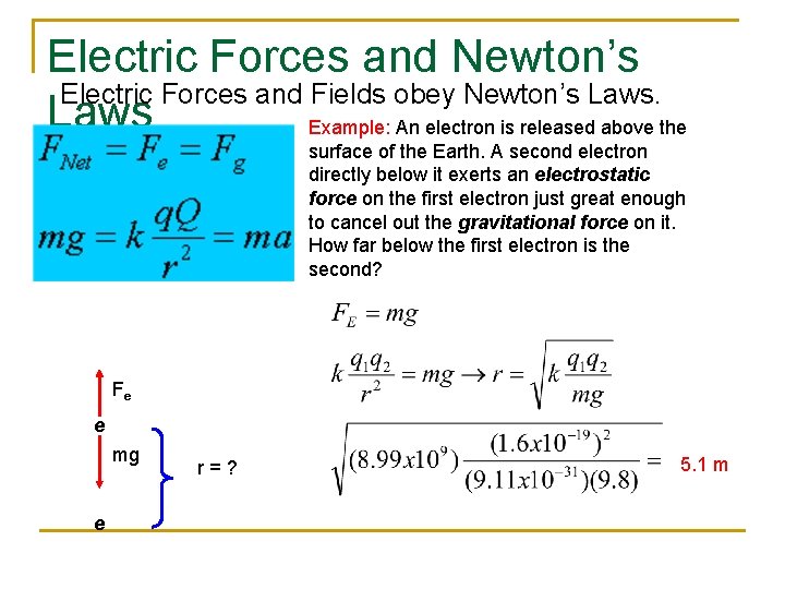 Electric Forces and Newton’s Electric Forces and Fields obey Newton’s Laws Example: An electron