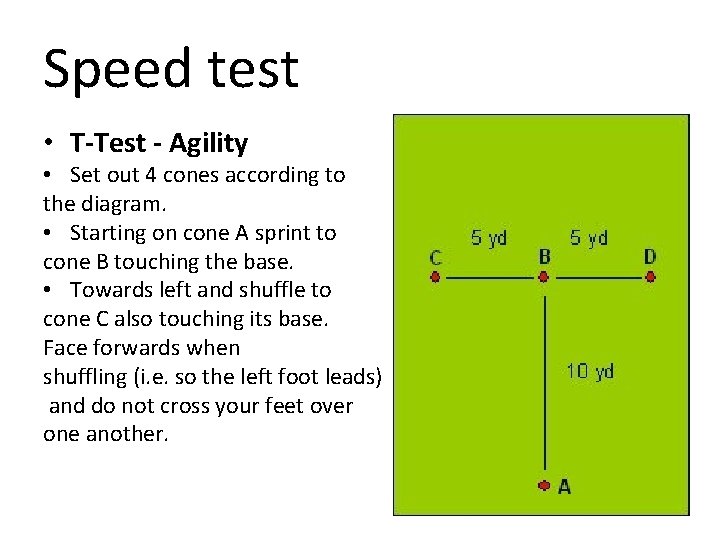 Speed test • T-Test - Agility • Set out 4 cones according to the Speed test • T-Test - Agility • Set out 4 cones according to the