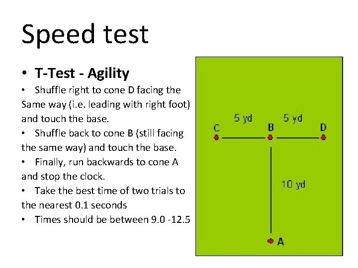 Speed test • T-Test - Agility • Shuffle right to cone D facing the Speed test • T-Test - Agility • Shuffle right to cone D facing the