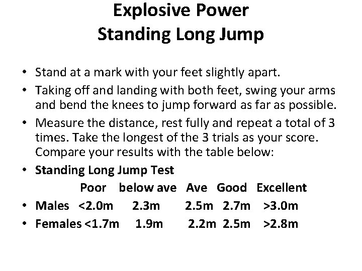 Explosive Power Standing Long Jump • Stand at a mark with your feet slightly Explosive Power Standing Long Jump • Stand at a mark with your feet slightly