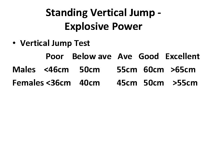 Standing Vertical Jump Explosive Power • Vertical Jump Test Poor Below ave Ave Good Standing Vertical Jump Explosive Power • Vertical Jump Test Poor Below ave Ave Good