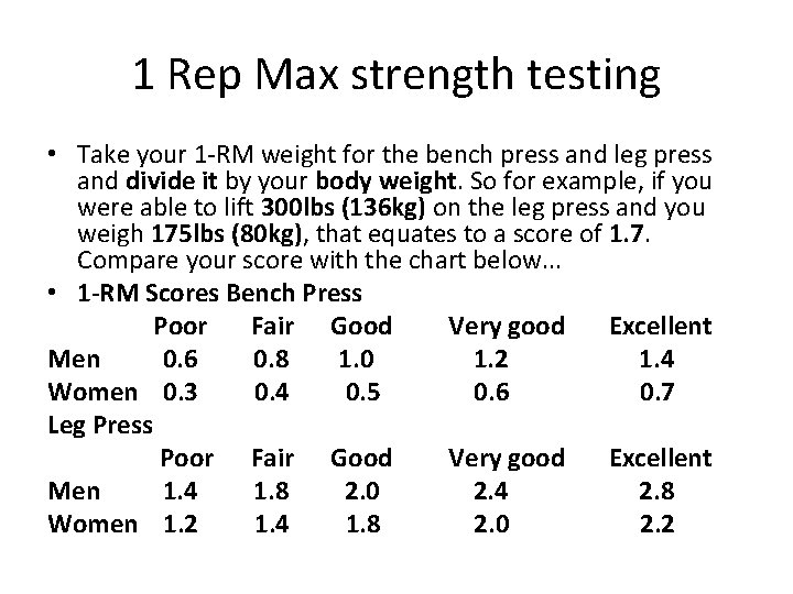 1 Rep Max strength testing • Take your 1 -RM weight for the bench 1 Rep Max strength testing • Take your 1 -RM weight for the bench