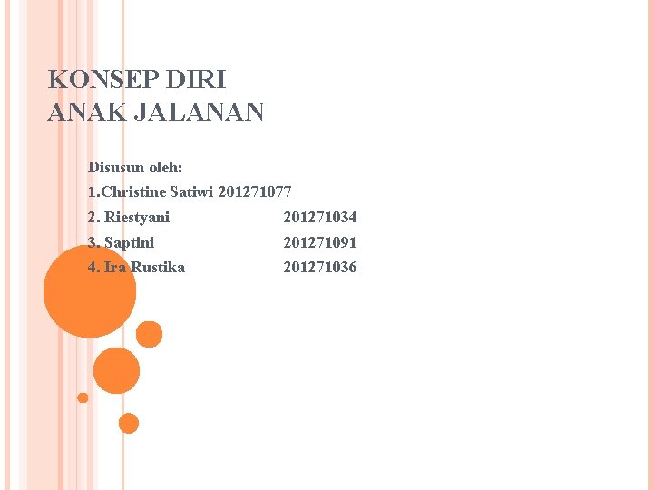 KONSEP DIRI ANAK JALANAN Disusun oleh: 1. Christine Satiwi 201271077 2. Riestyani 201271034 3.