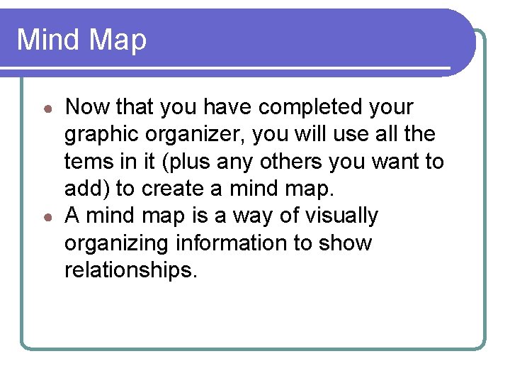 Mind Map Now that you have completed your graphic organizer, you will use all