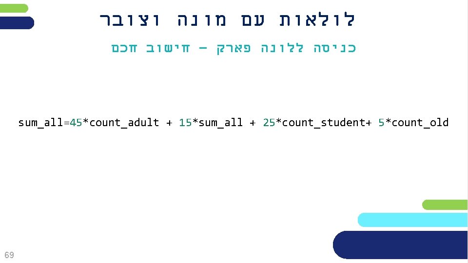  לולאות עם מונה וצובר כניסה ללונה פארק – חישוב חכם sum_all=45*count_adult + 15*sum_all