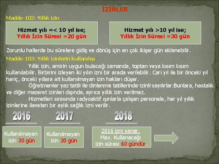 İZİNLER Madde-102: Yıllık izin Hizmet yılı =< 10 yıl ise; Yıllık İzin Süresi =20