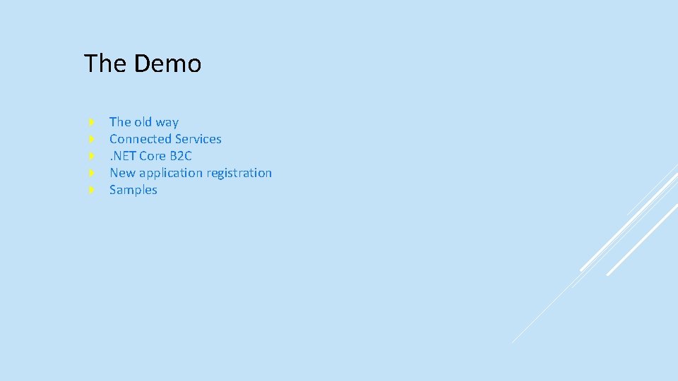 The Demo The old way Connected Services. NET Core B 2 C New application
