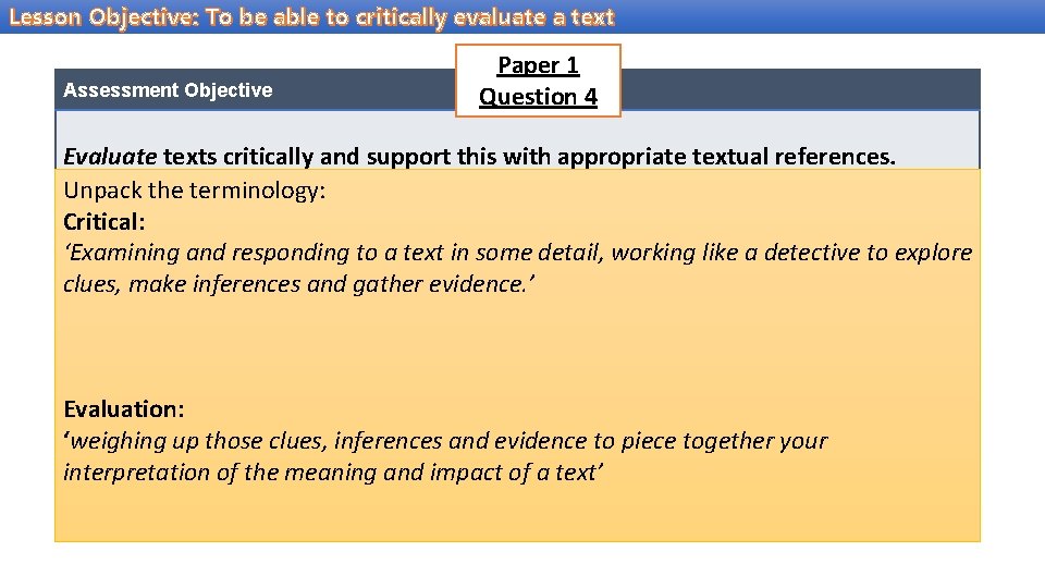 Lesson Objective: To be able to critically evaluate a text Assessment Objective Paper 1
