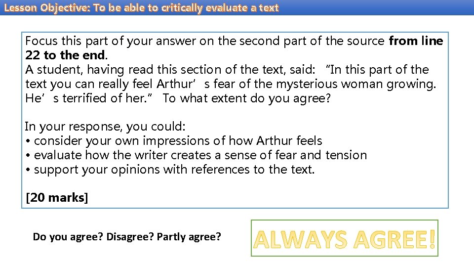 Lesson Objective: To be able to critically evaluate a text Focus this part of