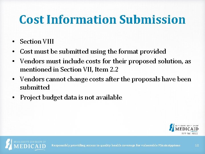 Cost Information Submission • Section VIII • Cost must be submitted using the format Cost Information Submission • Section VIII • Cost must be submitted using the format