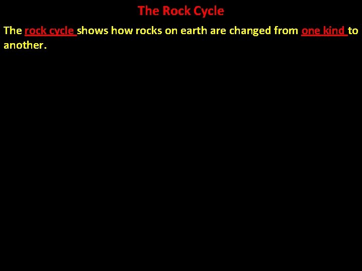 The Rock Cycle The rock cycle shows how rocks on earth are changed from