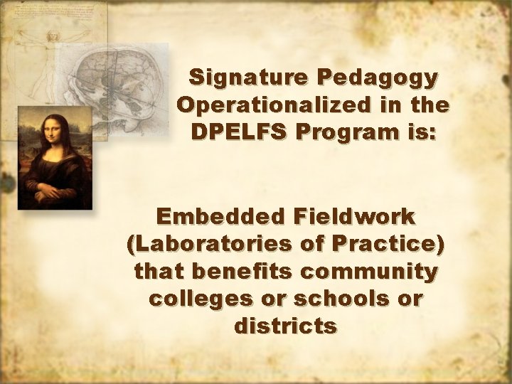 Signature Pedagogy Operationalized in the DPELFS Program is: Embedded Fieldwork (Laboratories of Practice) that