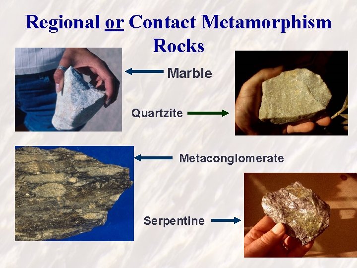 Regional or Contact Metamorphism Rocks Marble Quartzite Metaconglomerate Serpentine 