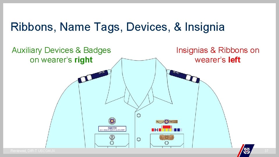 Ribbons, Name Tags, Devices, & Insignia Auxiliary Devices & Badges on wearer’s right Insignias