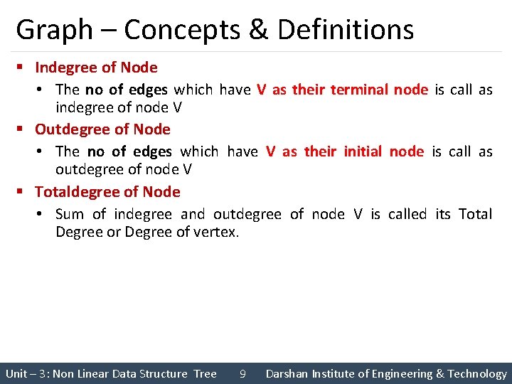 Graph – Concepts & Definitions § Indegree of Node • The no of edges