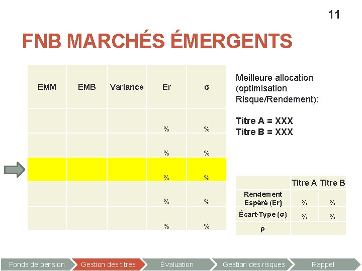 11 FNB MARCHÉS ÉMERGENTS EMM EMB Variance σ Meilleure allocation (optimisation Risque/Rendement): % %