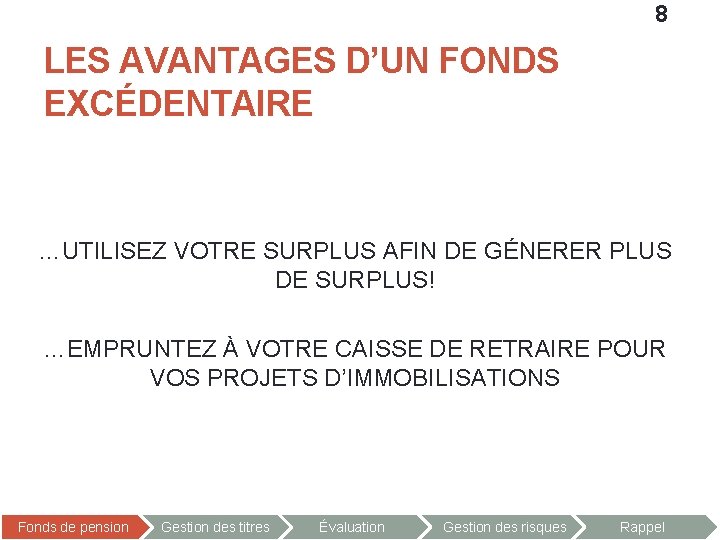 8 LES AVANTAGES D’UN FONDS EXCÉDENTAIRE …UTILISEZ VOTRE SURPLUS AFIN DE GÉNERER PLUS DE