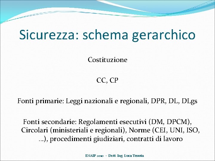 Sicurezza: schema gerarchico Costituzione CC, CP Fonti primarie: Leggi nazionali e regionali, DPR, DLgs