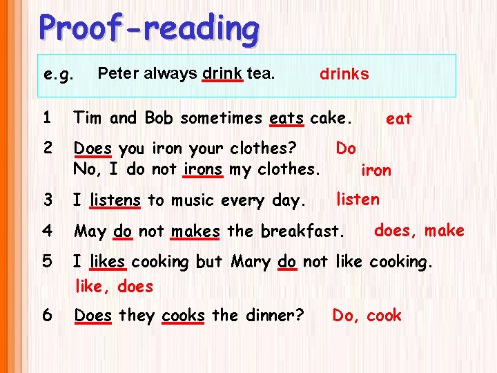 Proof-reading e. g. Peter always drink tea. drinks 1 Tim and Bob sometimes eats