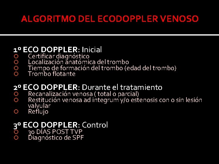 ALGORITMO DEL ECODOPPLER VENOSO 1º ECO DOPPLER: Inicial Certificar diagnóstico Localización anatómica del trombo ALGORITMO DEL ECODOPPLER VENOSO 1º ECO DOPPLER: Inicial Certificar diagnóstico Localización anatómica del trombo