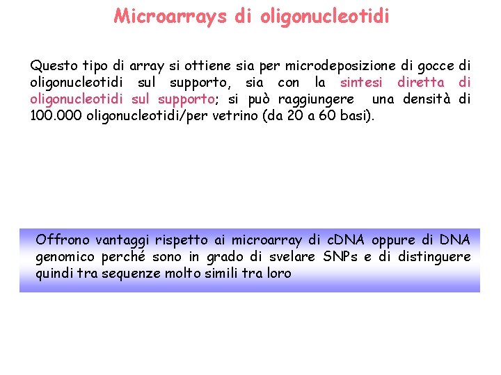 Microarrays di oligonucleotidi Questo tipo di array si ottiene sia per microdeposizione di gocce Microarrays di oligonucleotidi Questo tipo di array si ottiene sia per microdeposizione di gocce