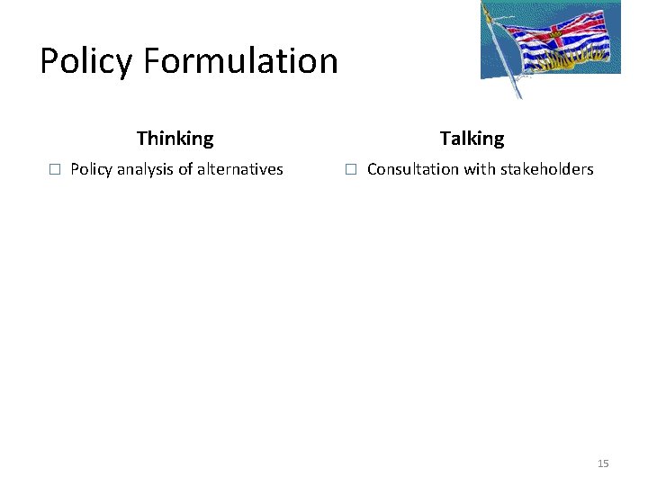 Policy Formulation Thinking � Policy analysis of alternatives Talking � Consultation with stakeholders 15 Policy Formulation Thinking � Policy analysis of alternatives Talking � Consultation with stakeholders 15