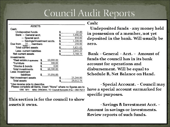 Council Audit Reports Cash: Undeposited funds - any money held in possession of a