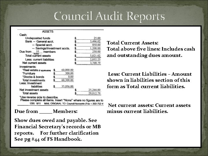 Council Audit Reports Total Current Assets: Total above five lines: Includes cash and outstanding Council Audit Reports Total Current Assets: Total above five lines: Includes cash and outstanding