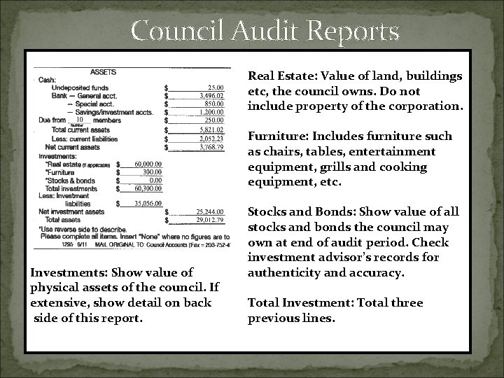 Council Audit Reports Real Estate: Value of land, buildings etc, the council owns. Do Council Audit Reports Real Estate: Value of land, buildings etc, the council owns. Do