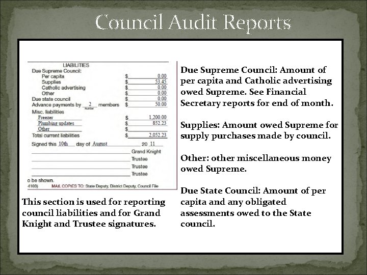 Council Audit Reports Due Supreme Council: Amount of per capita and Catholic advertising owed Council Audit Reports Due Supreme Council: Amount of per capita and Catholic advertising owed