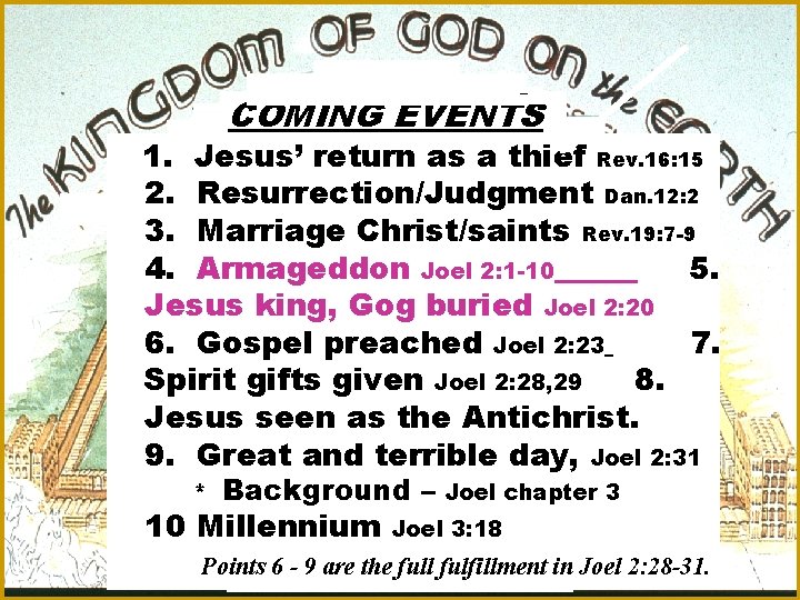 COMING EVENTS 1. Jesus’ return as a thief Rev. 16: 15 2. Resurrection/Judgment Dan.