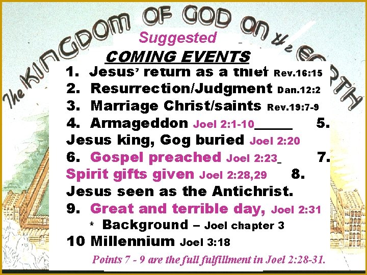 Suggested COMING EVENTS 1. Jesus’ return as a thief Rev. 16: 15 2. Resurrection/Judgment