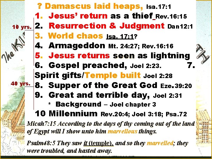 10 yrs. 40 yrs. ? Damascus laid heaps, Isa. 17: 1 1. Jesus’ return